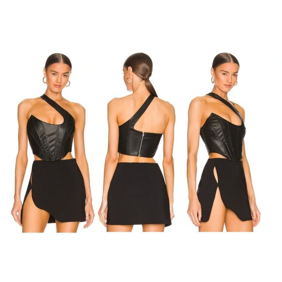 NBD Elodie Faux Vegan Leather Crop Top Size XXS Black Corset One Shoulder Strap - Picture 2 of 9